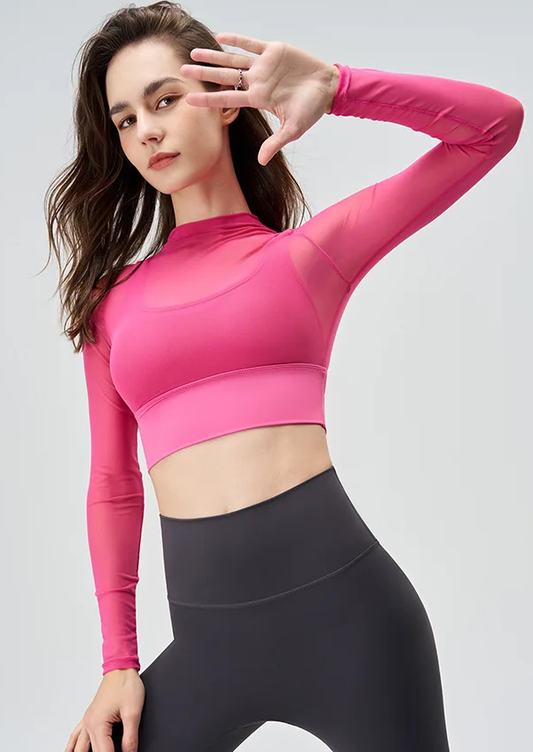 Mesh Slim Round Neck Long-sleeved Crop Top