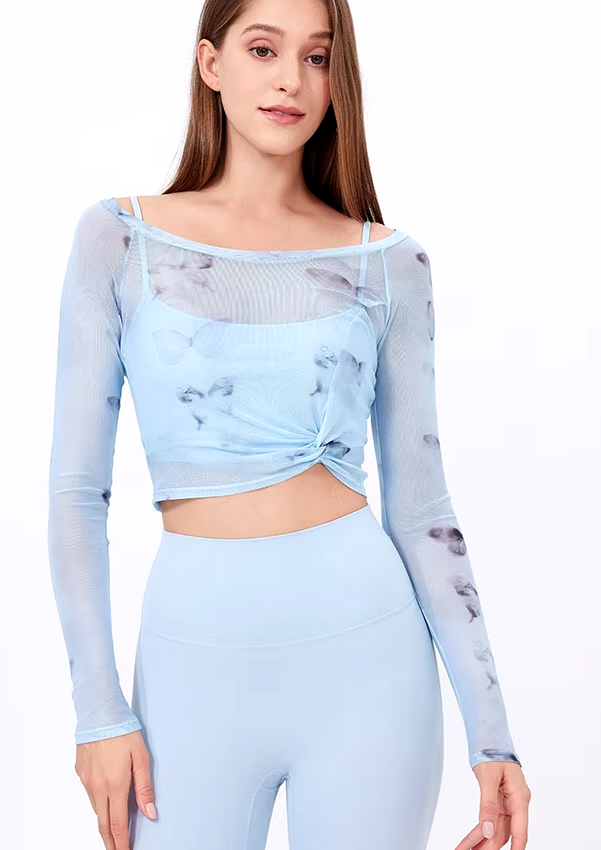 Fake 2-Pieces Long Sleeve Mesh Top with Chest