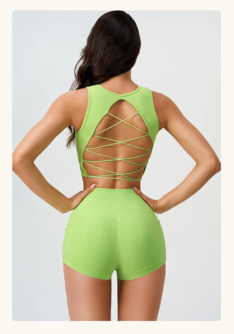 Ribbed High Waist Booty Short & Back Cross Bra Set