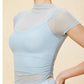 Mesh High Collar Irregular Hem Fold Built-in Pad Shirt