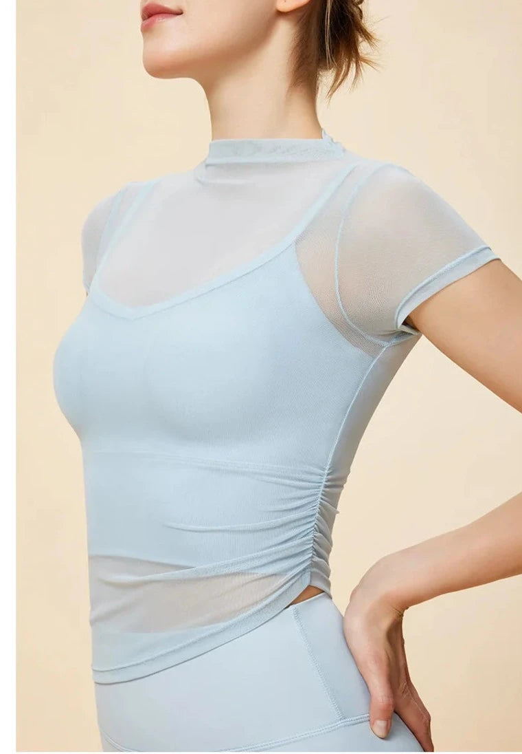 Mesh High Collar Irregular Hem Fold Built-in Pad Shirt