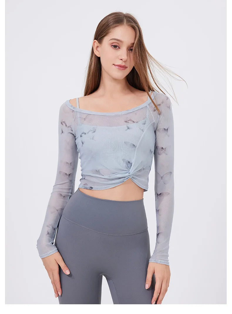 Fake 2-Pieces Long Sleeve Mesh Top with Chest