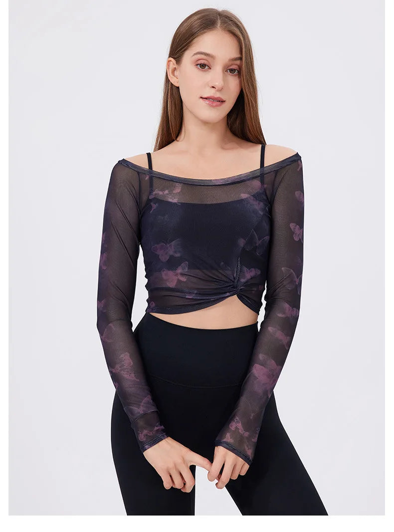 Fake 2-Pieces Long Sleeve Mesh Top with Chest