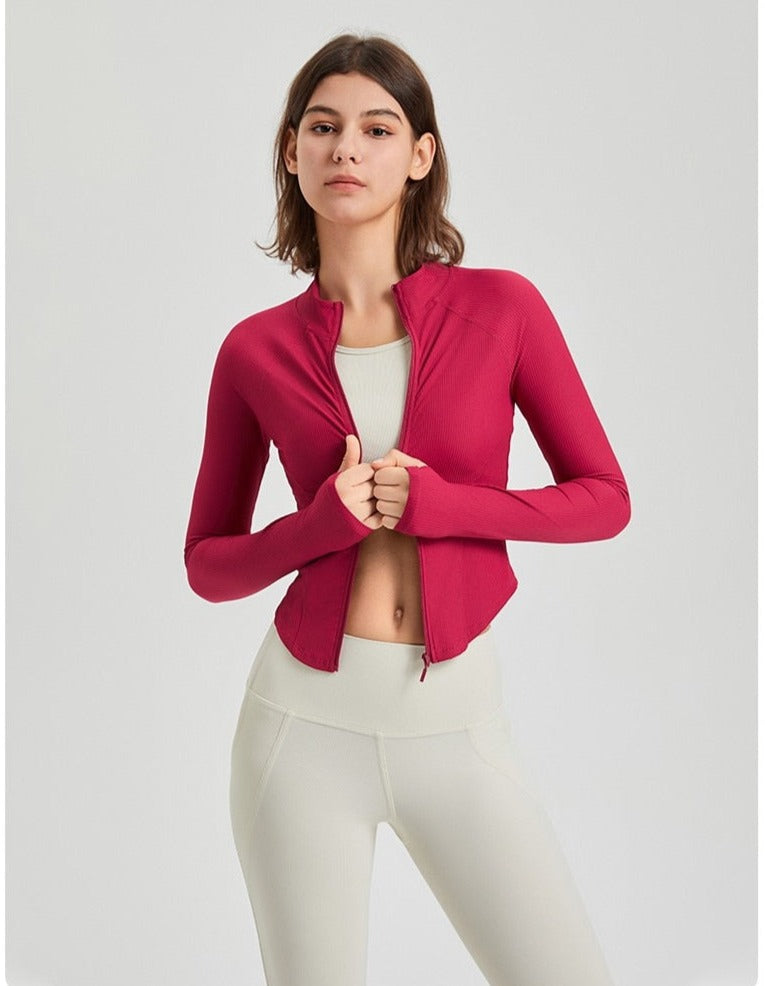 Rib Fabric Stretch Shaping Jacket With Thumb-hole