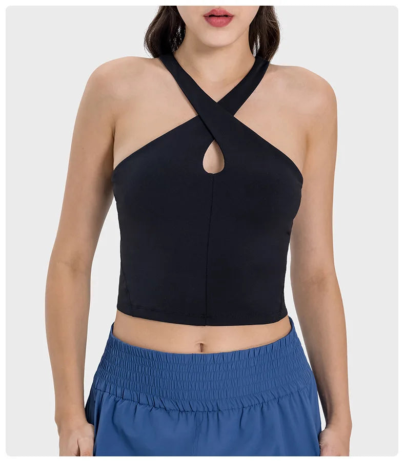 Cross Hanging Neck Crop Top with Pad