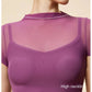 Mesh High Collar Irregular Hem Fold Built-in Pad Shirt