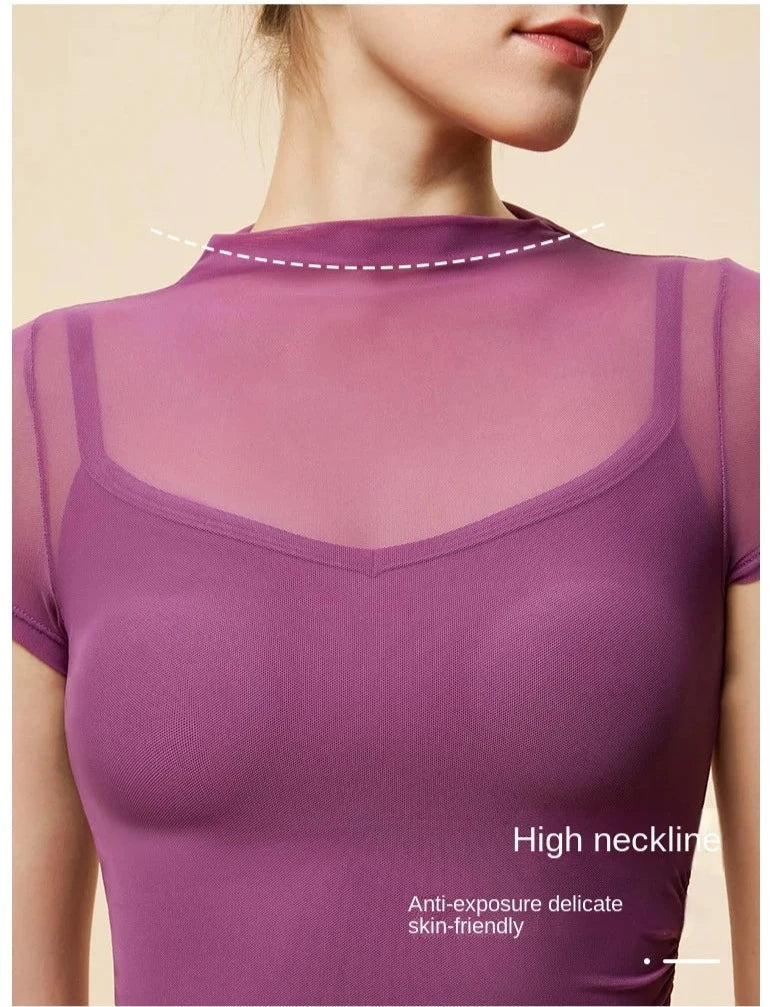 Mesh High Collar Irregular Hem Fold Built-in Pad Shirt