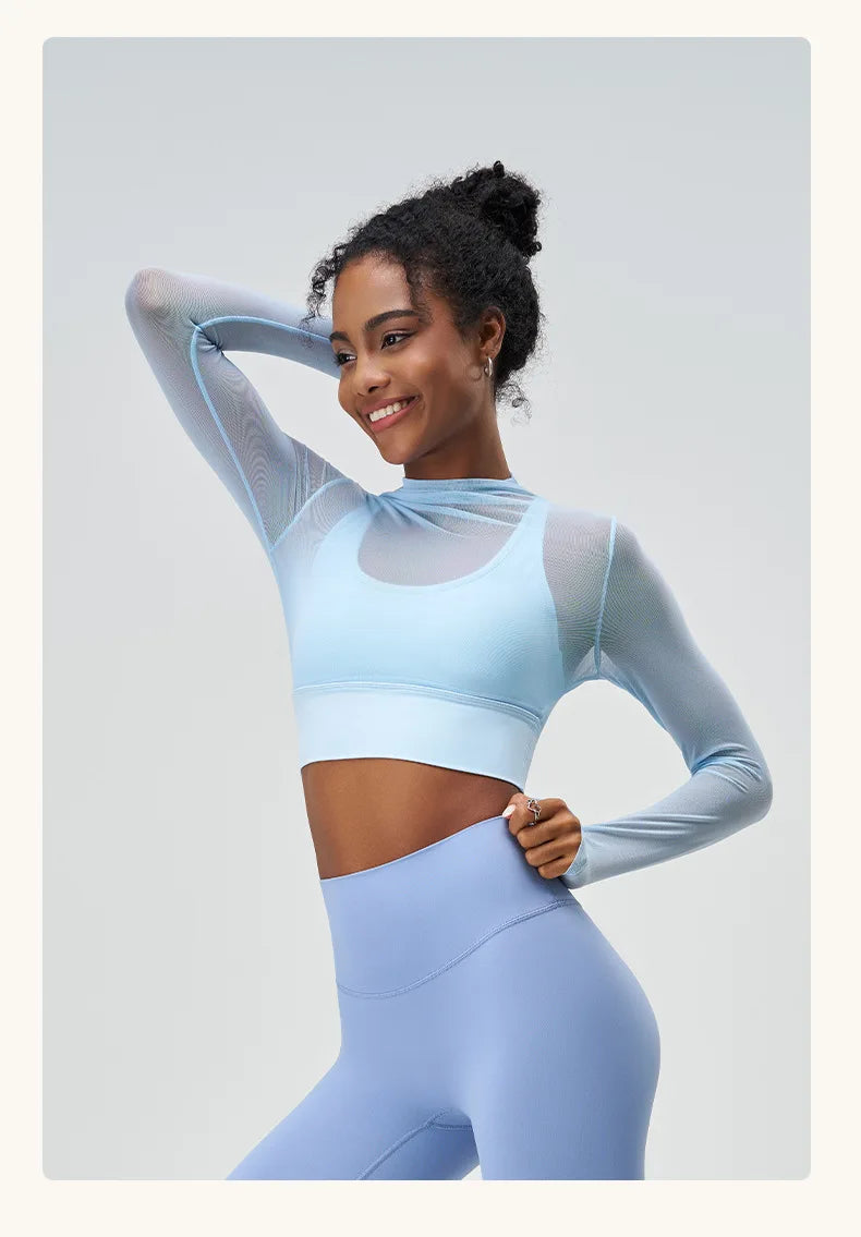 Mesh Slim Round Neck Long-sleeved Crop Top