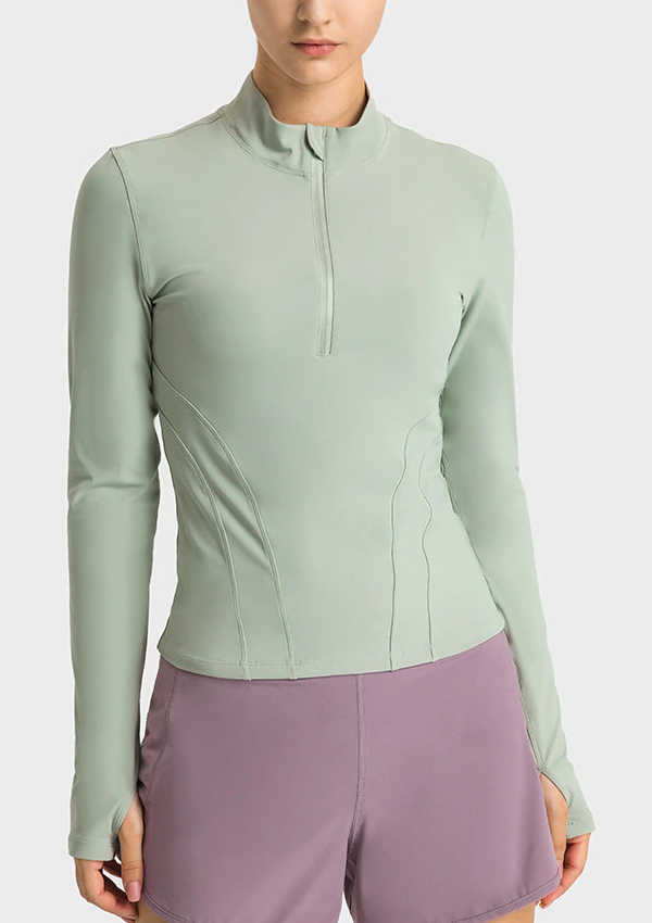 Soft Fabric Half Zipper Jacket With Thumbhole