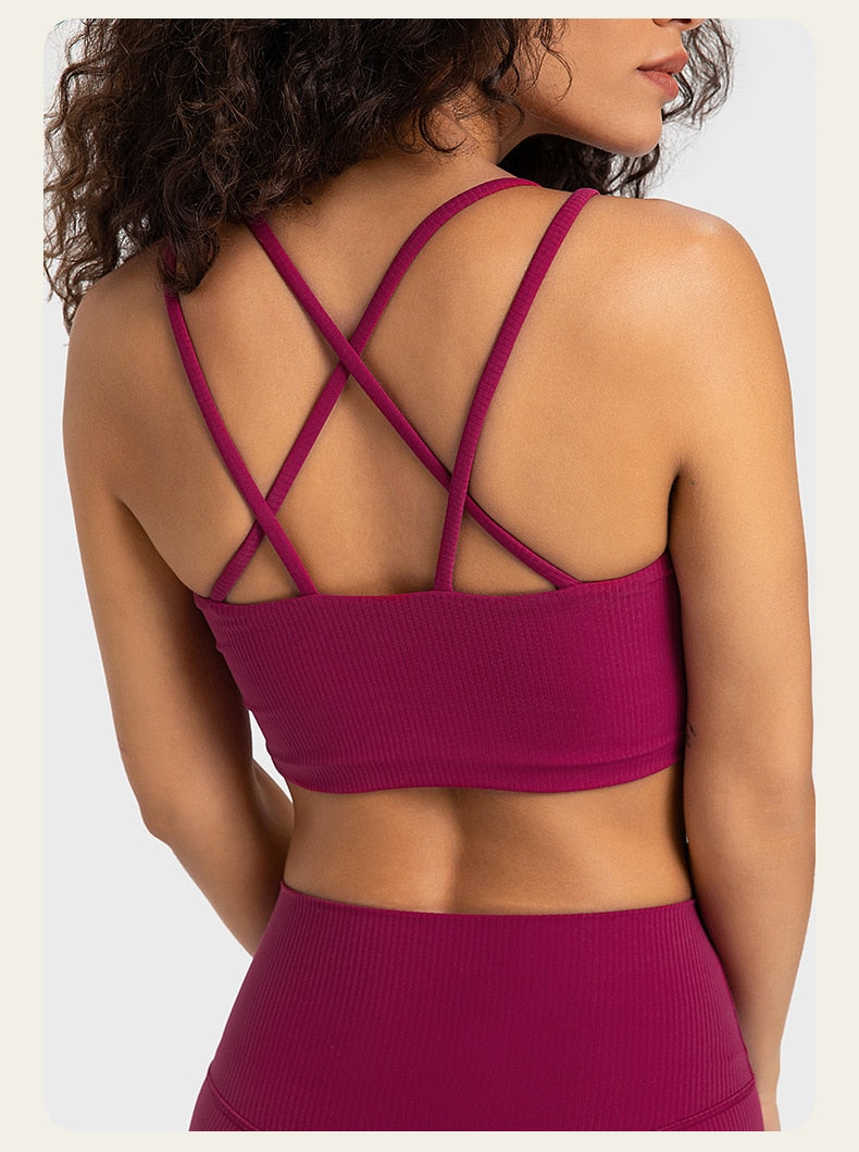 Rib Fabric Fixed Cup Sexy Strap High-Intensity Bra